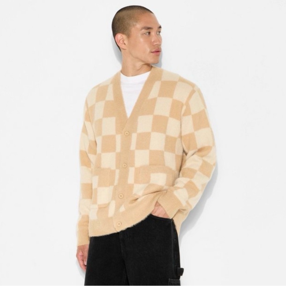 Men's S-XXL cream Checkered oversized Cardigan NWT